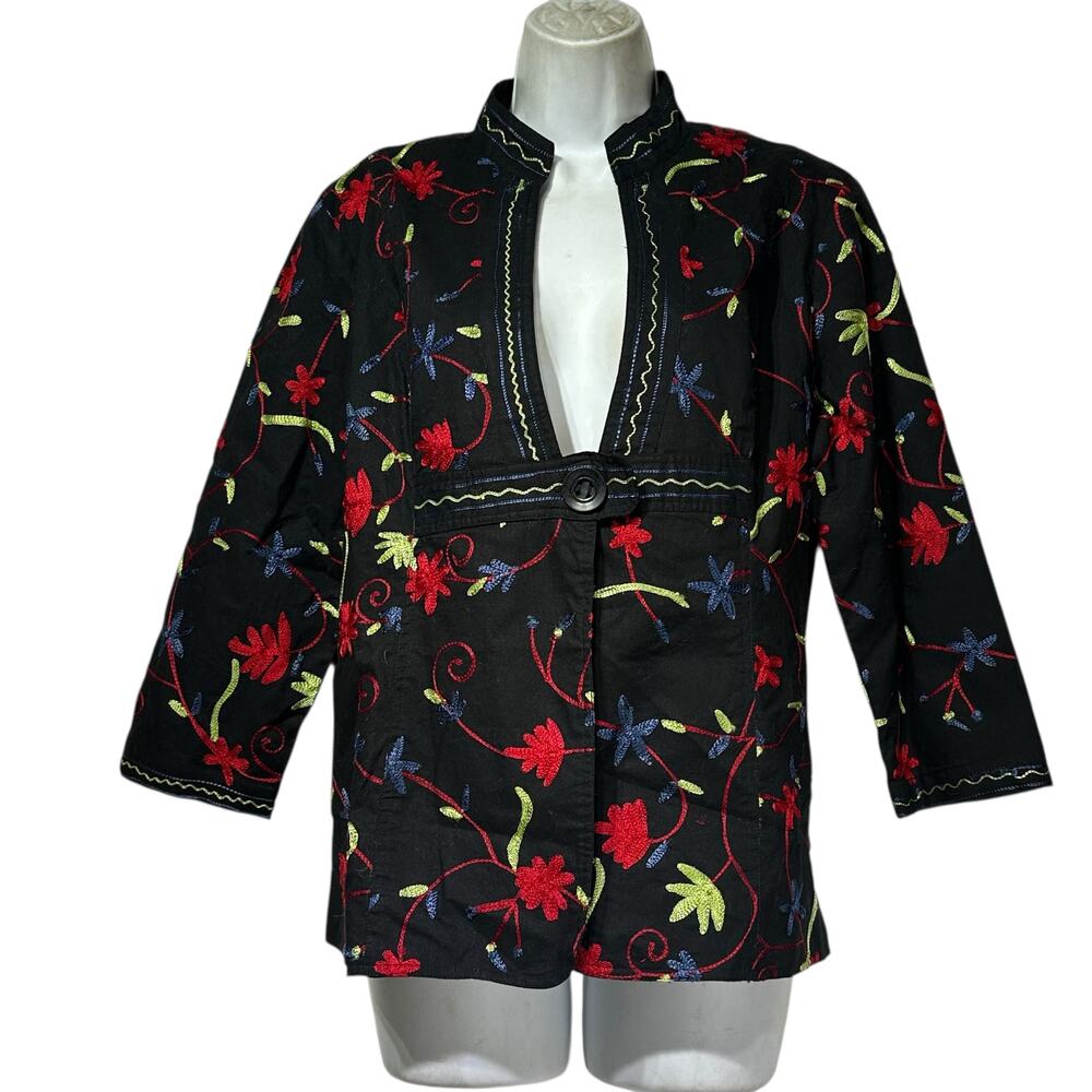 monterey bay clothing company black floral embroidered single button jacket 10